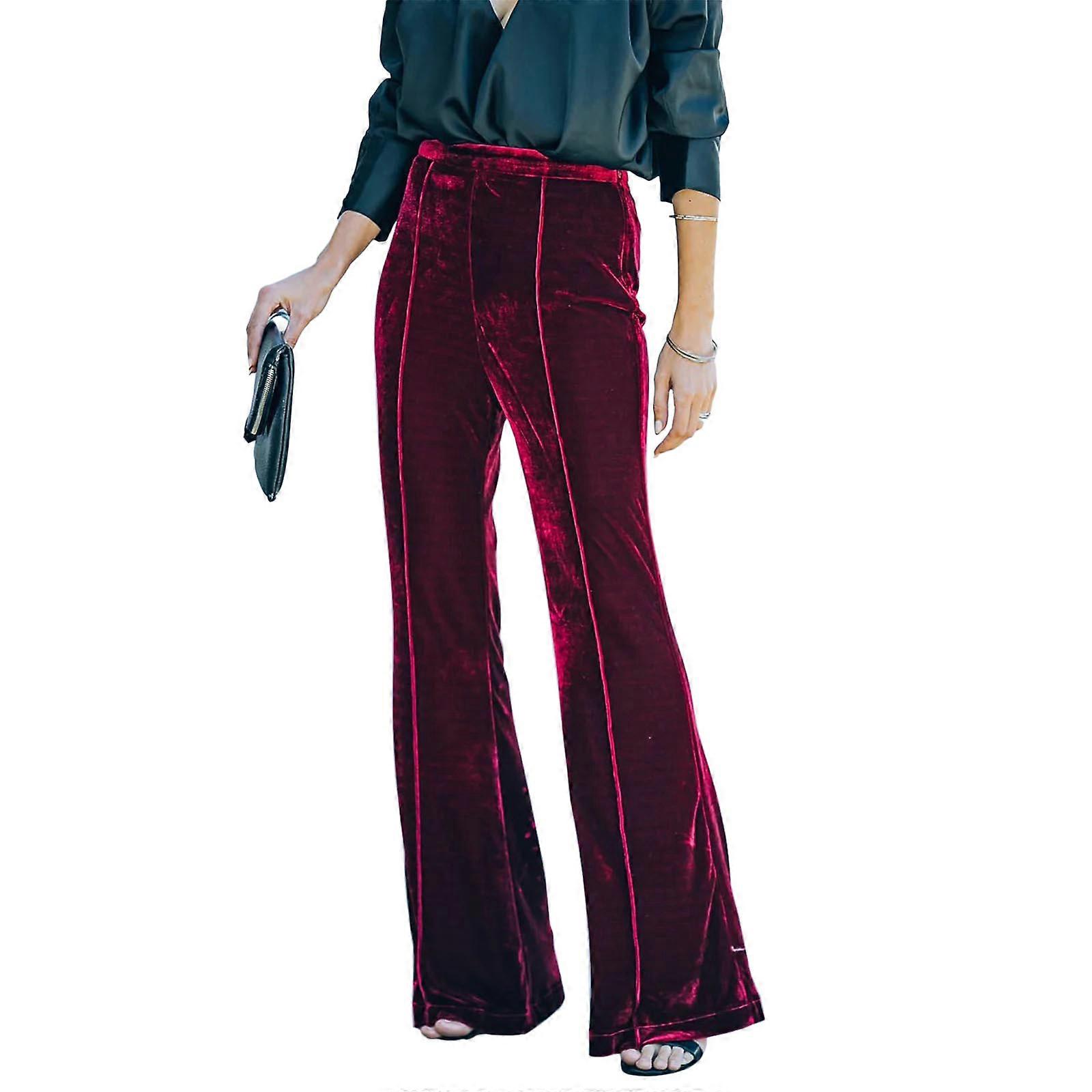 נשים וינטג' מתרחבים מכנסיים מותניים גבוהים רגל רחבה קטיפה מכנסיים אלסטיים מותניים בצבע אחיד תפר קדמי Slim Fit מכנסיים ארוכים אדום XL