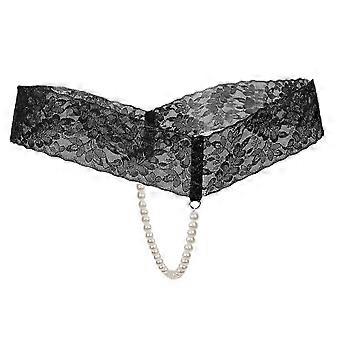 Sexy Women Crotchless Panties Sheer Lace Thong Underwear Pearls Strings Black