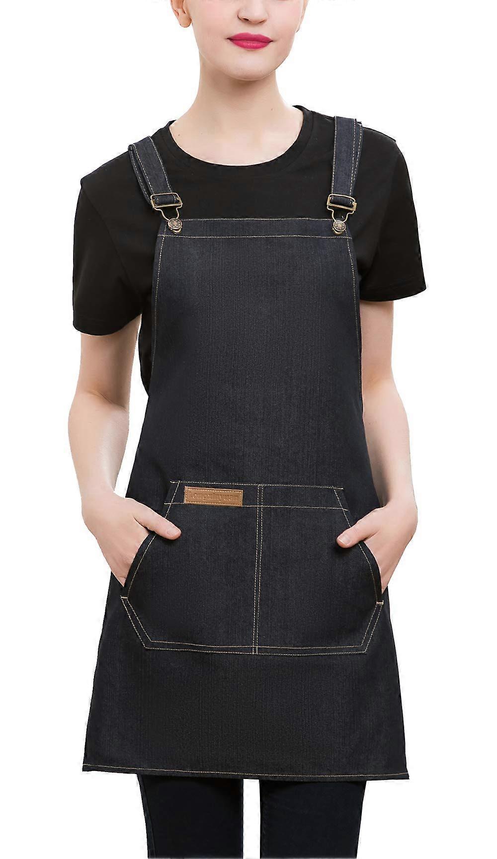 Denim Cross-Back Chef Bib Apron for Cooking, Adjustable Size, Heavy-Duty Fabric, Kitchen Use, Unisex Design