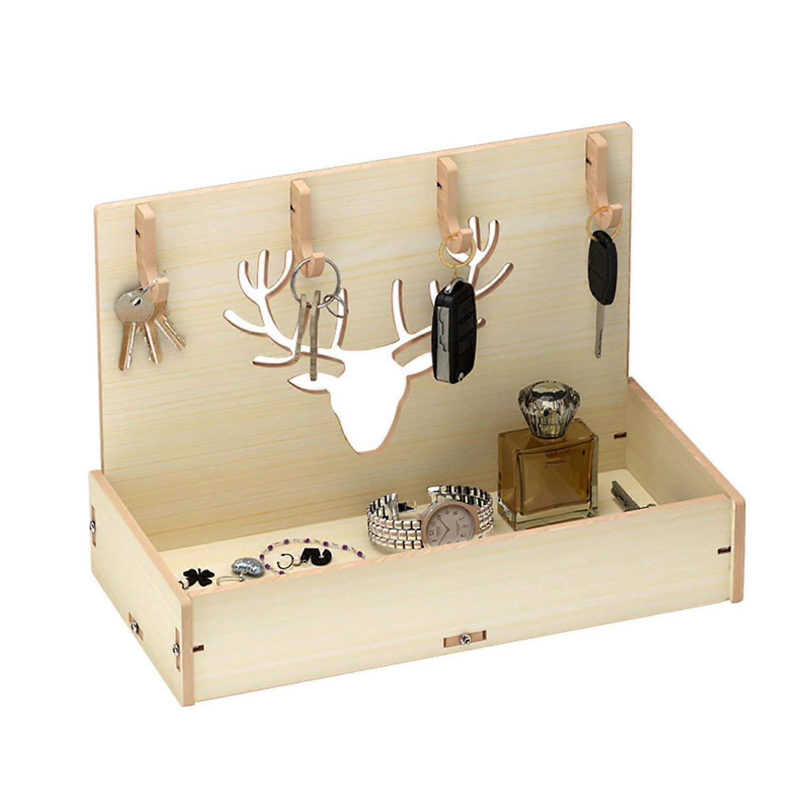 Wooden Desktop Sundries Storage Box with 4 for Key Hooks Hanger Tabletop Retro Entryway Organizer Jewelry Display Rack White oak