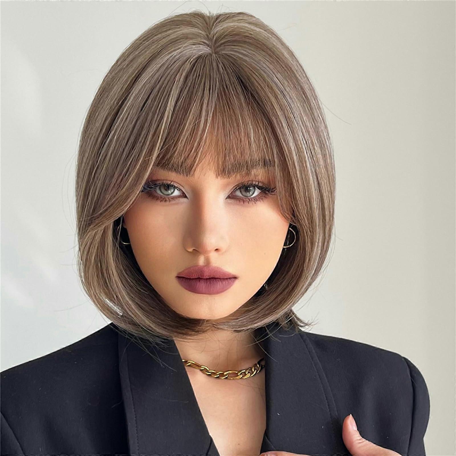 Bob Wig with Bangs Short Straight Highlight Light Brown Wigs Bob Wig with Dark Roots Shoulder Length Synthetic Wigs for Women