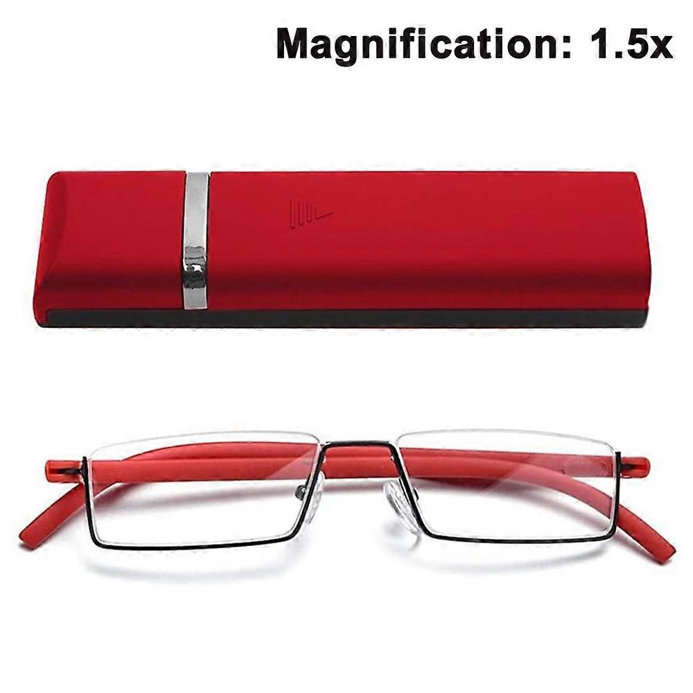 Clear Glasses Half Frame Reading Glasses Lightweight Computer Readers With Portable Mirror Box（Red +1.5）