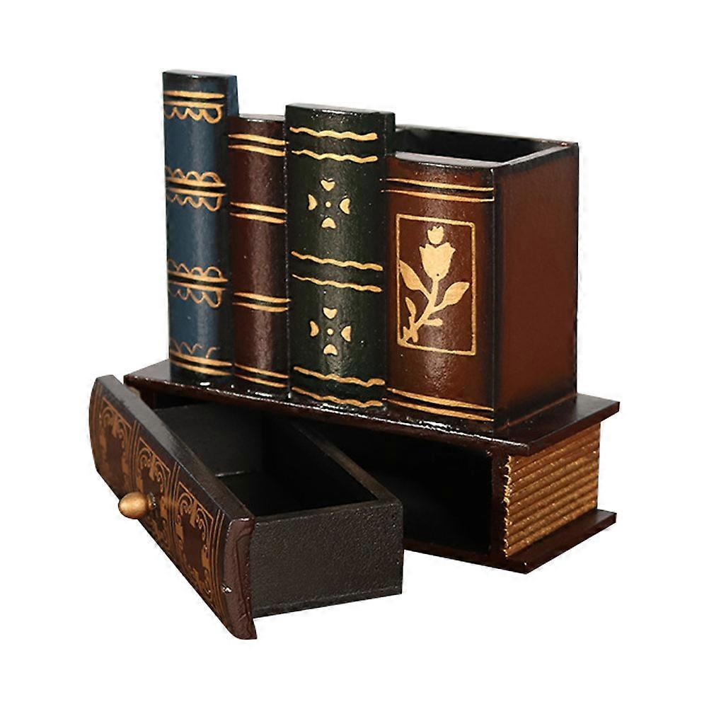 Retro Wooden Pen Holder with Drawer, Creative Fake Book Design Stationery Storage Container for Office or Home Study Desk Organizer