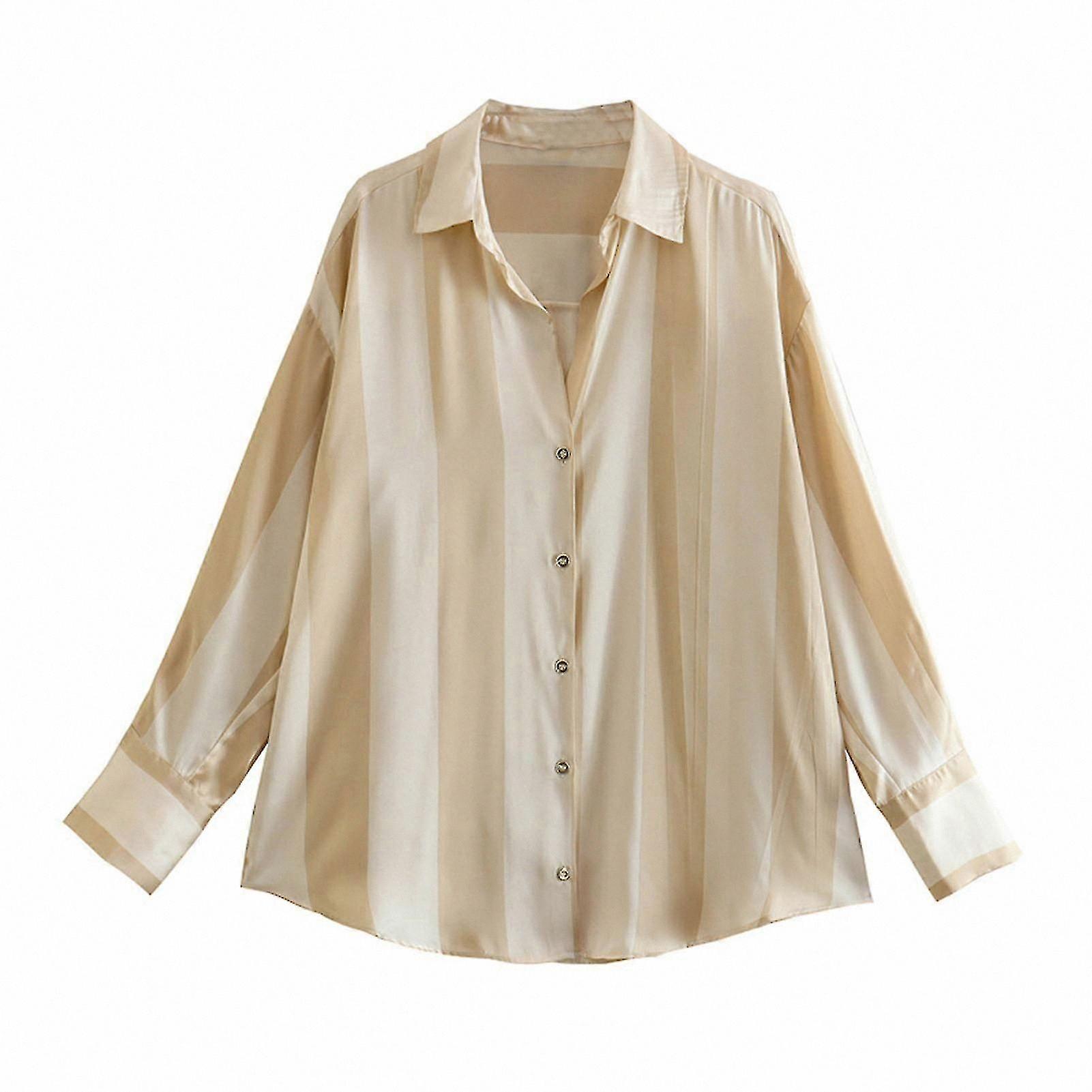 Women's Colorful Striped Satin Blouse with Single Breasted Design and Pleated Detail