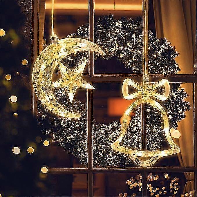 Christmas Window Lights Moon and Bells, Twinkling Christmas Curtain Lights with Timer, Chandeliers for Party Store Window Christmas Decoration, Indoor