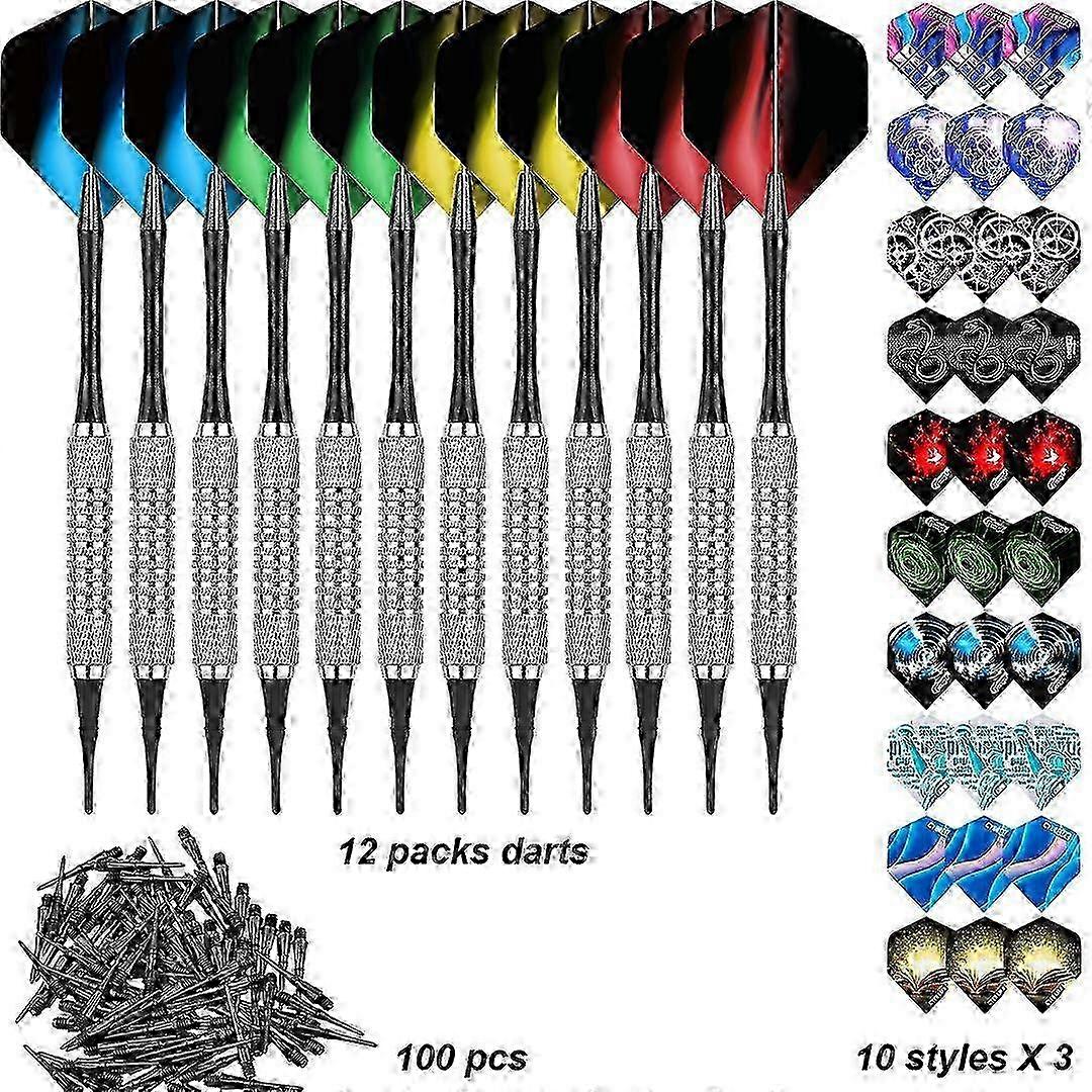 12-Piece Dart Set with Soft Tips and 30 Flights for Electronic Dartboard Including 100 Black Plastic Dart Tips Edition 0905