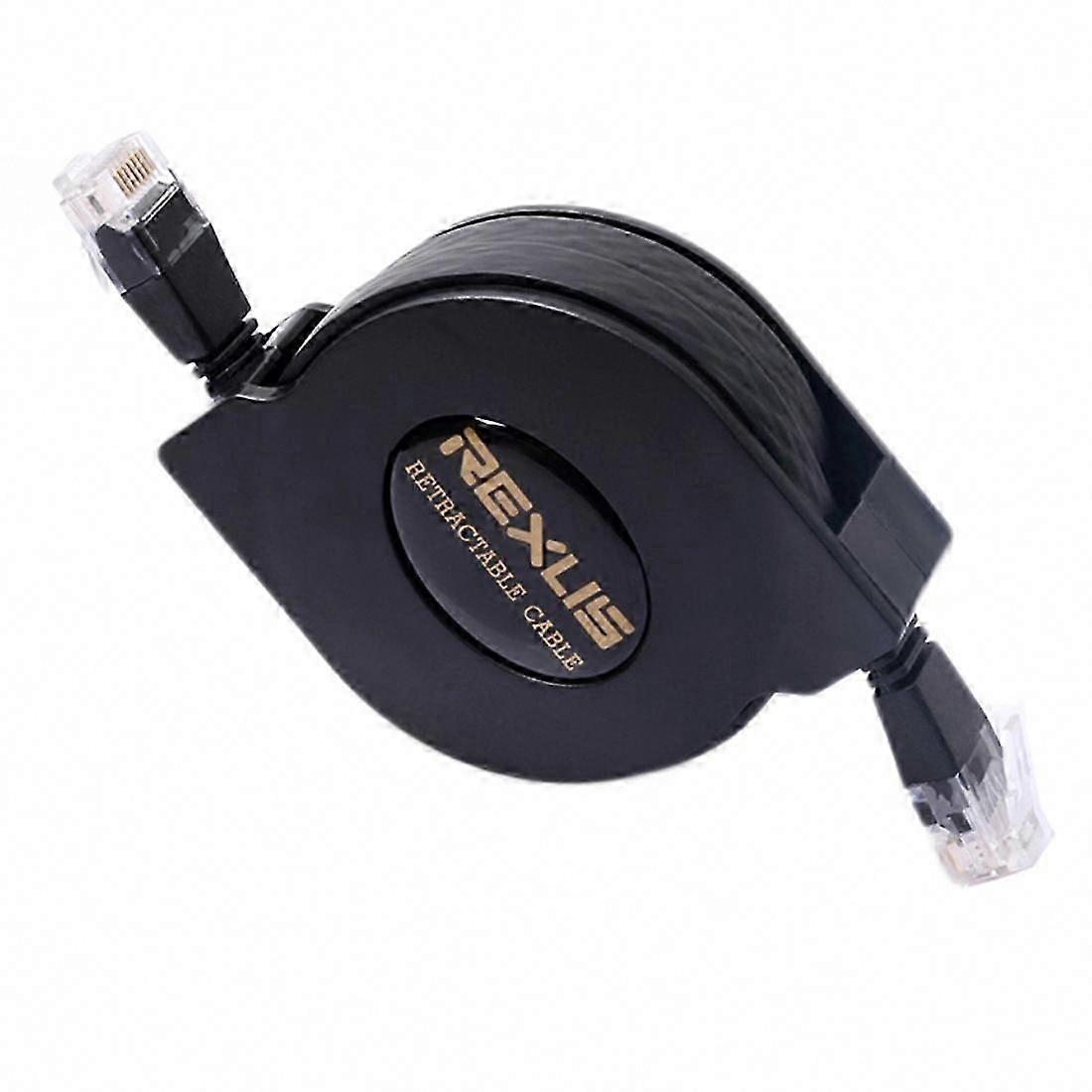 REXLIS 2m Retractable Flat CAT6 Ethernet Cable, Black RJ45 LAN Network Cable