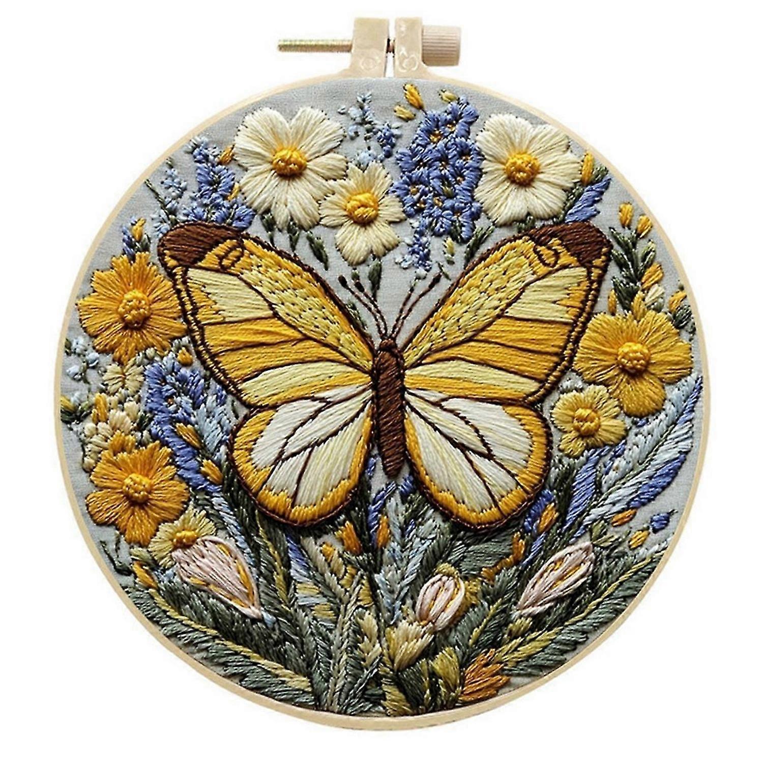 Butterfly Flower Embroidery Practice Kit, Beginners Embroidery Kit Include Embroidery Cloth Threads for Craft Lover