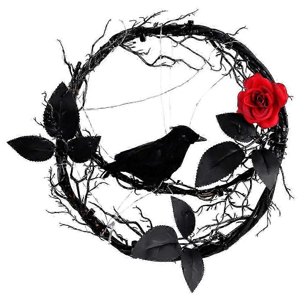 Halloween Wreath Decoration Home Front Door Purple Light Crow Wreath with Red Rose and Branches