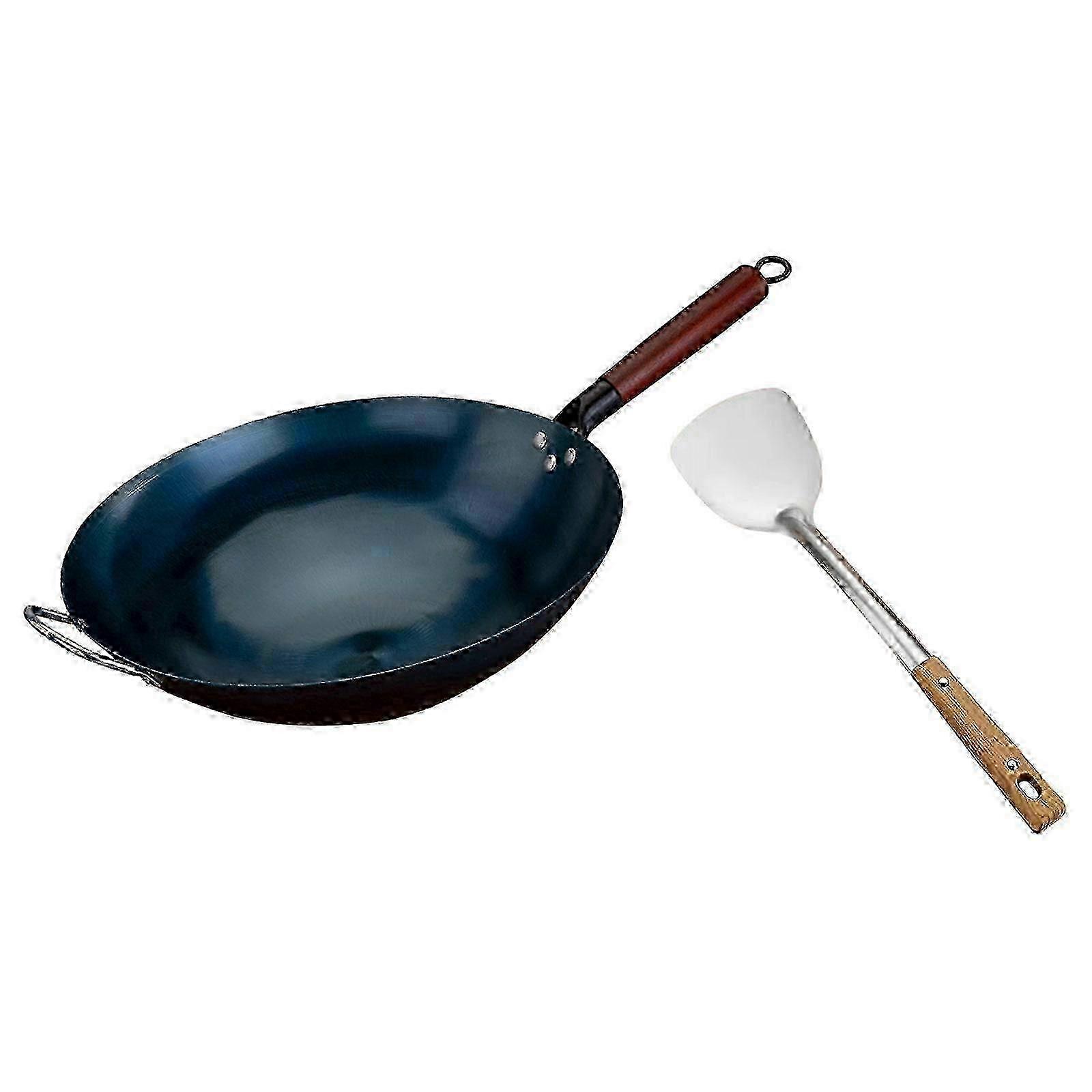Wok Pan Nonstick Wok for Cooking Gas with Frying Scoop Manual Forging Iron Pan Nonstick Coating Pans Round Bottom Wok Chinese Wok