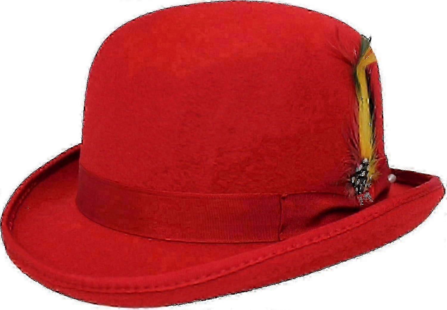 Unisex Hard Top Wool Bowler Hat With Feather Satin Lined Sizes S To Xl