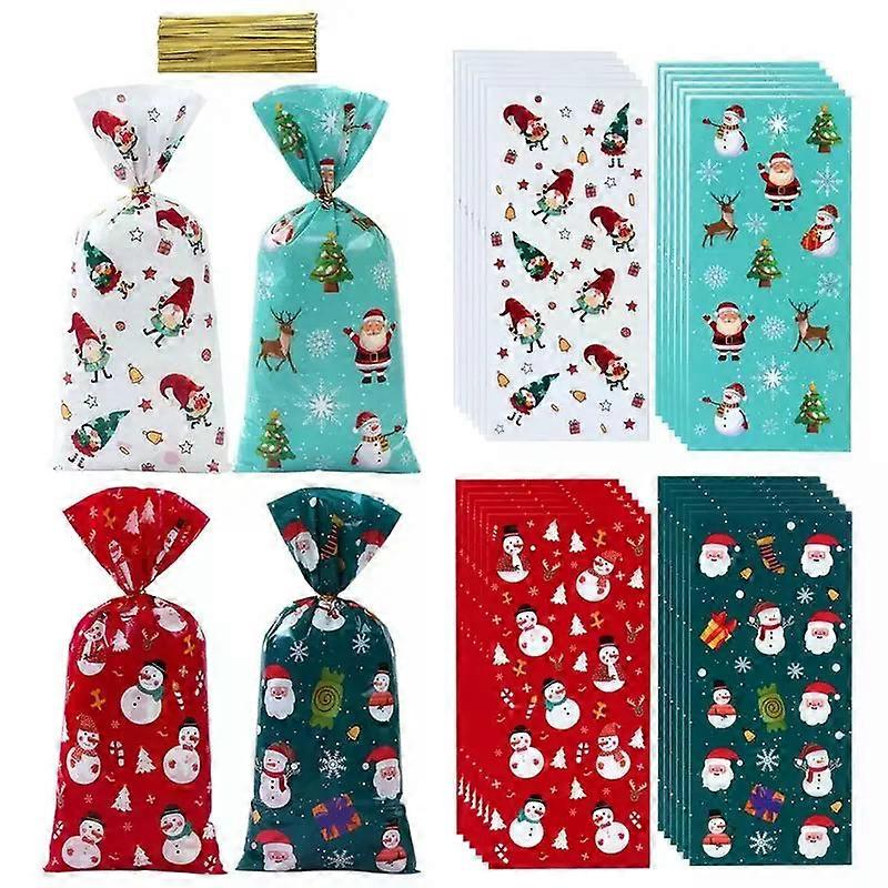 50-200PCS Christmas Candy Tie Bags Santa Claus Baking Flat Pockets Treat Bags Kids Party Favors Holiday Gift Packaging Supplies