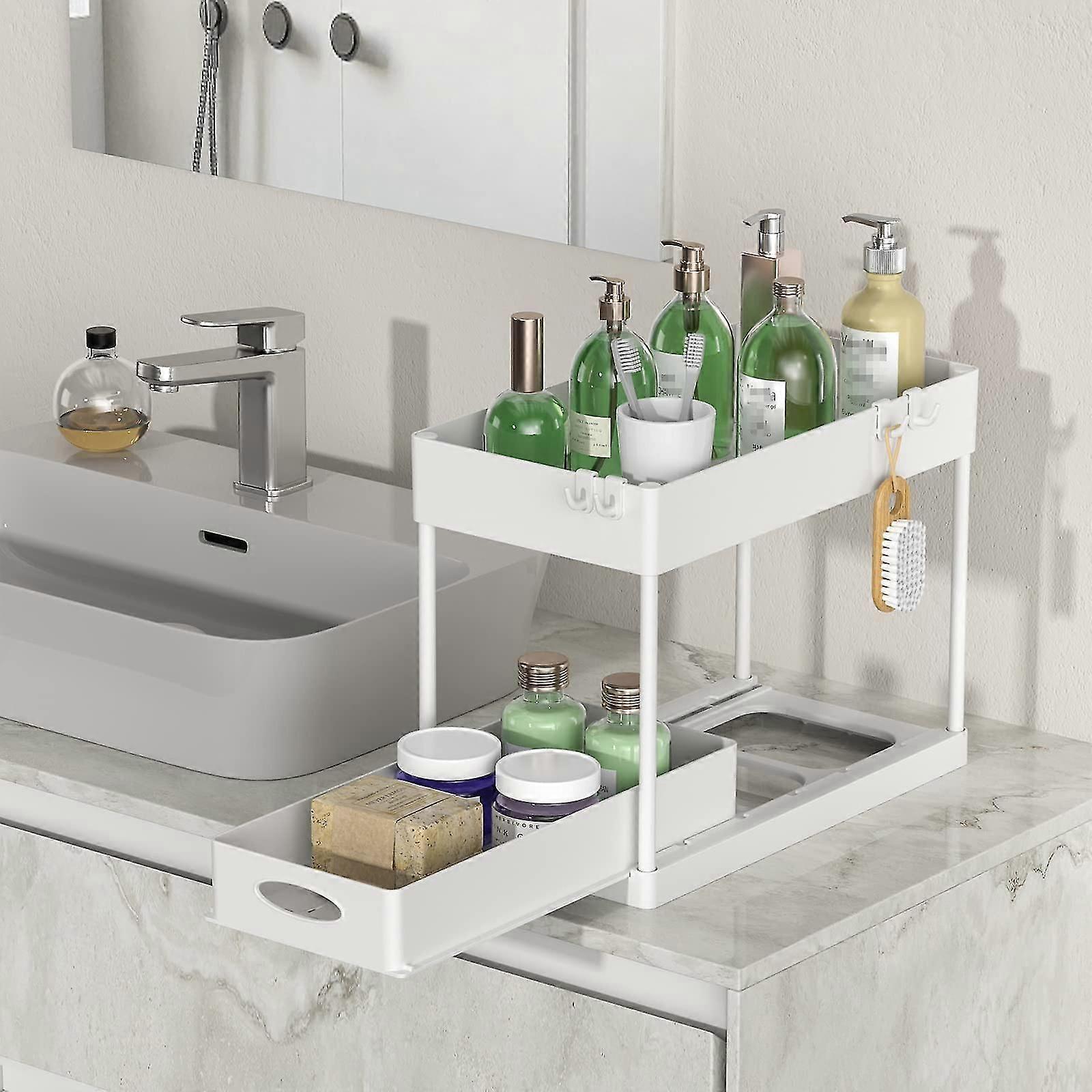 Under Sink Organizer And Storage,  2-tier Under Bathroom Sink Organizer Bath Collection Basket With 4 Hooks