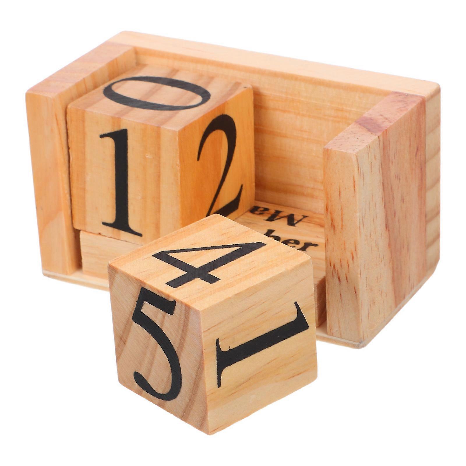 Solid Wood Block Calendar for Desk Manual Date Display Rustic Decor