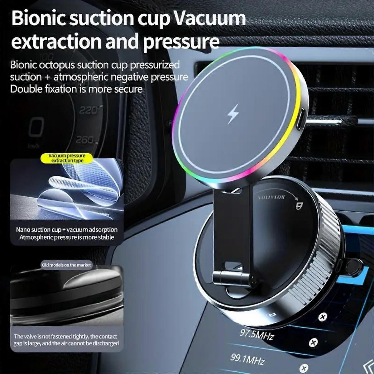 Grundig 15W Wireless Charging Car Phone Holder Magnetic Mount with Cooling System 360° Adjustable Dashboard Suction Cup for iPhone and Qi Devices