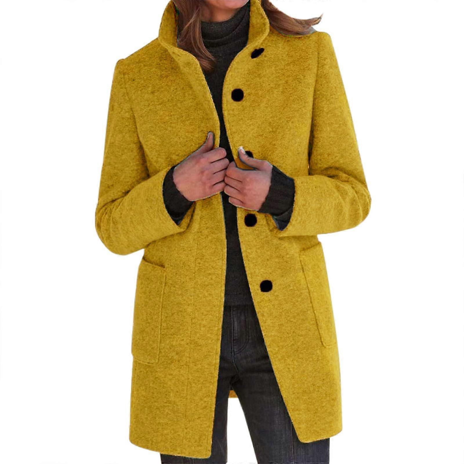 Caban long pour femme, col montant, simple boutonnage, en laine mélangée, jaune épais, taille XL