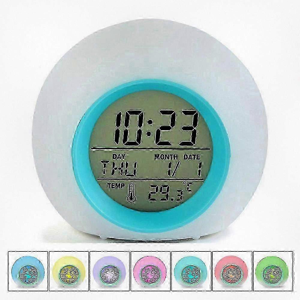 Digital Electronic Alarm Clock with Indoor Temperature Calendar Display and Nature Sounds, Featuring 7 Colors Changing Night Light for Wake