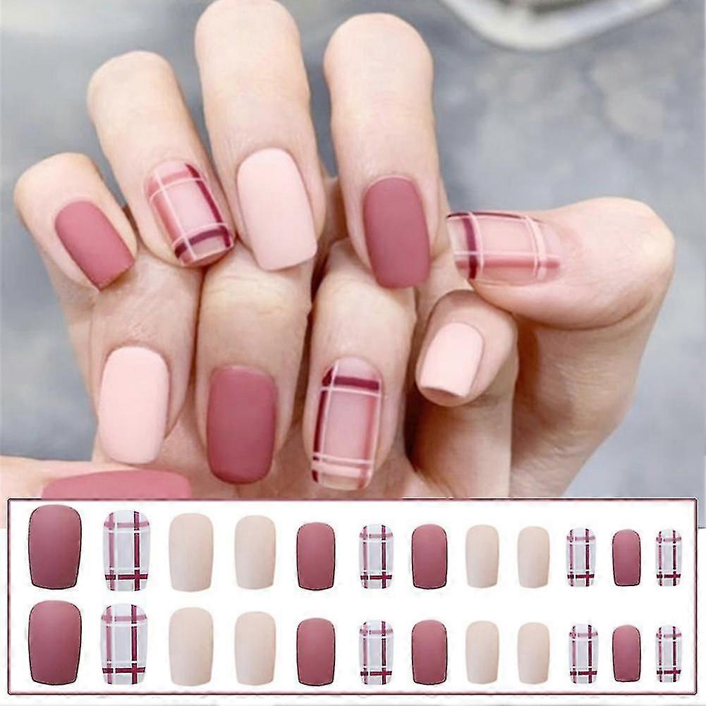 24pcs Midi Pink Press On Nails Cute Checkerboard Design Full Coverage Nails