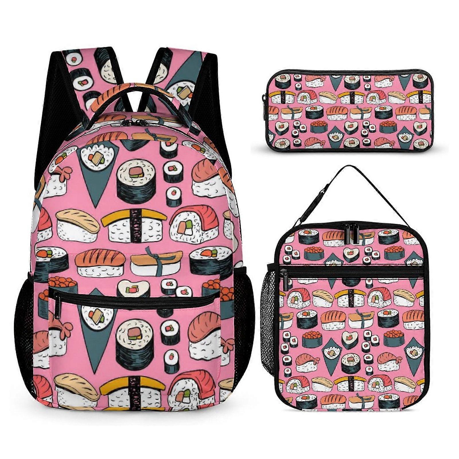 Sushi Pattern Pattern Kawaii Japanese-Style 3 Piece Backpack Sets With Lunch Bag Pencil Case Combination Travel Camping Daypack