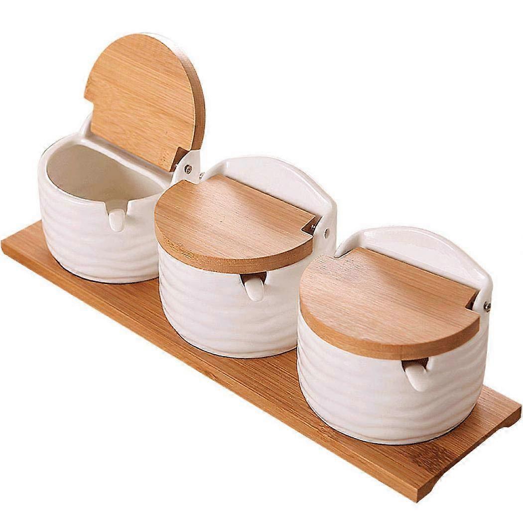Ceramic Spice Jars and Sugar Bowl Set with Bamboo Lids and Spoons, 3pcs Kitchen Storage Tray