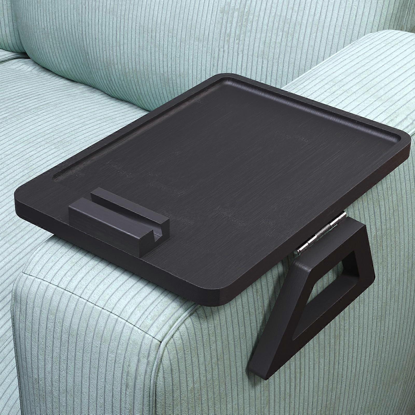 Bamboo Sofa Arm Tray with 360° Rotating Phone Holder, Foldable ClipOn Armrest Table for Drinks and Snacks, Black 13'x9.4'