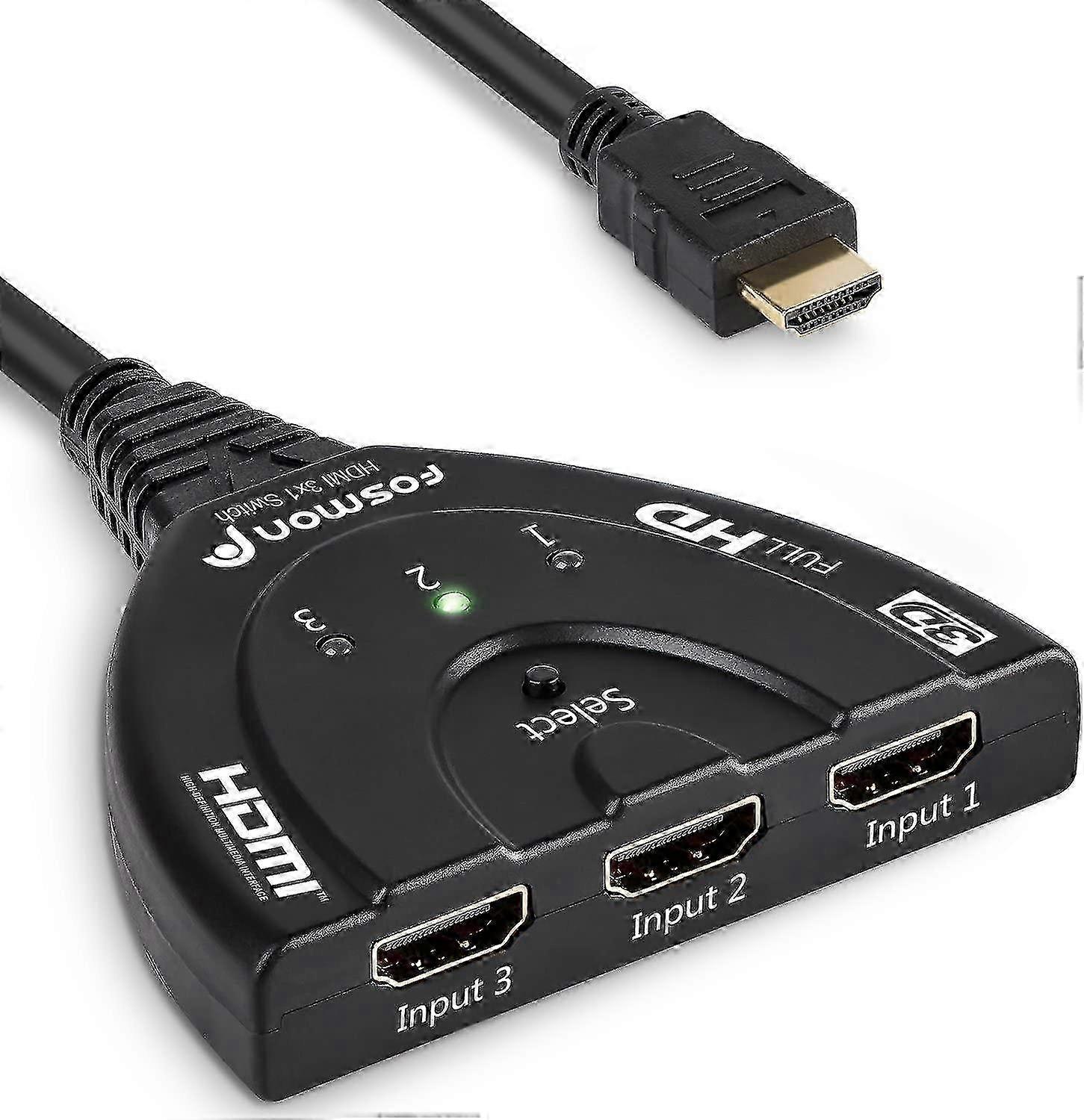 3-port Hdmi Switch With Full Hd 1080p Coiled Cable