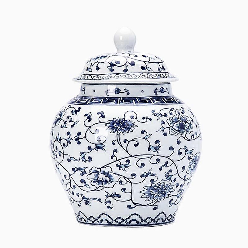 Temple Jar Chinese Style Retro Blue and White Ceramic Pot Large Half a Catty Package Sealed Jar Office Ornaments Pu'er Tea Tea Storage Pot