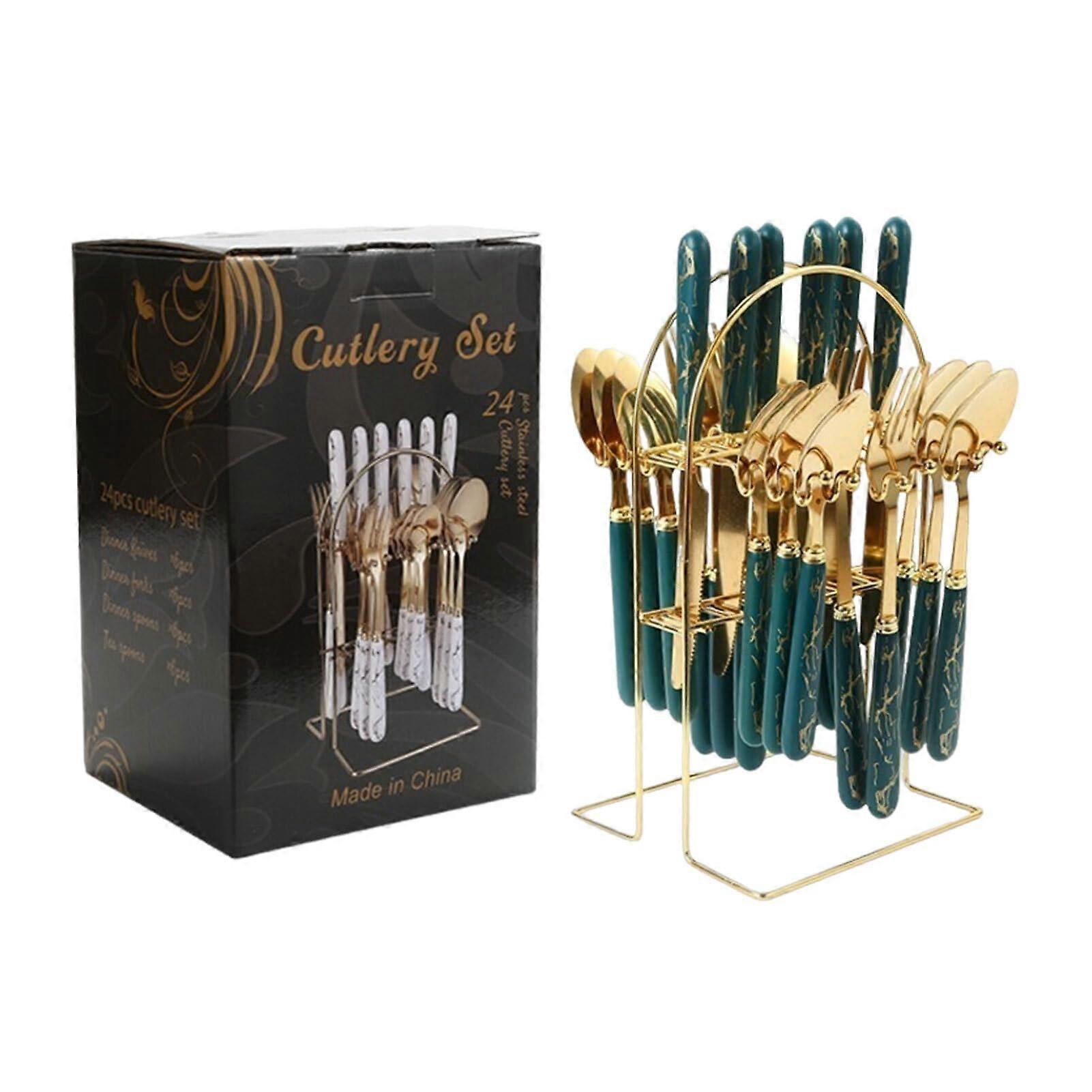 Stainless Steel Cutlery Set with Rack, AntiSlip Handle Silverware, Blackish Green Dinnerware