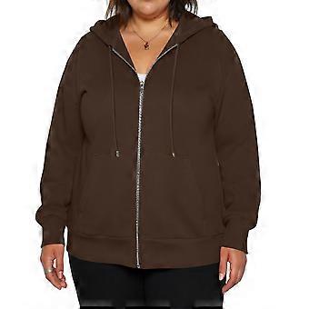 Jaqueta feminina plus size casual com capuz, zíper, manga longa, cor café, tamanho XL.