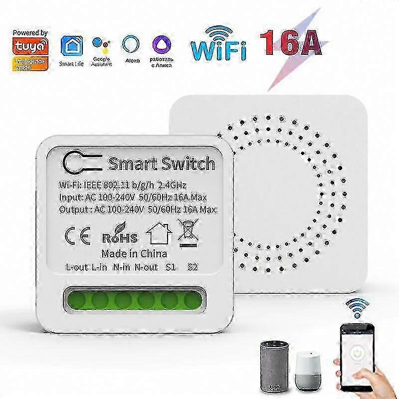 Tuya 16A Mini WiFi Smart Switch, 2-Way Remote Control, Timer Relay for Home Automation
