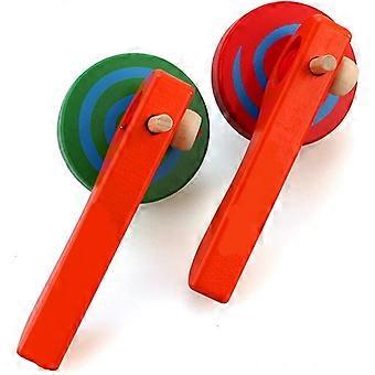 2 STKS Houten Spinning Top Gyroscoop peg-top met handvat en trekkoorddraad, kan lang meegaan, kleur willekeurig