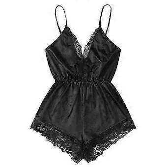 Women's Lace Teddy Romper Bodysuit, Satin Nightwear Sleepwear with Elastic Shorts