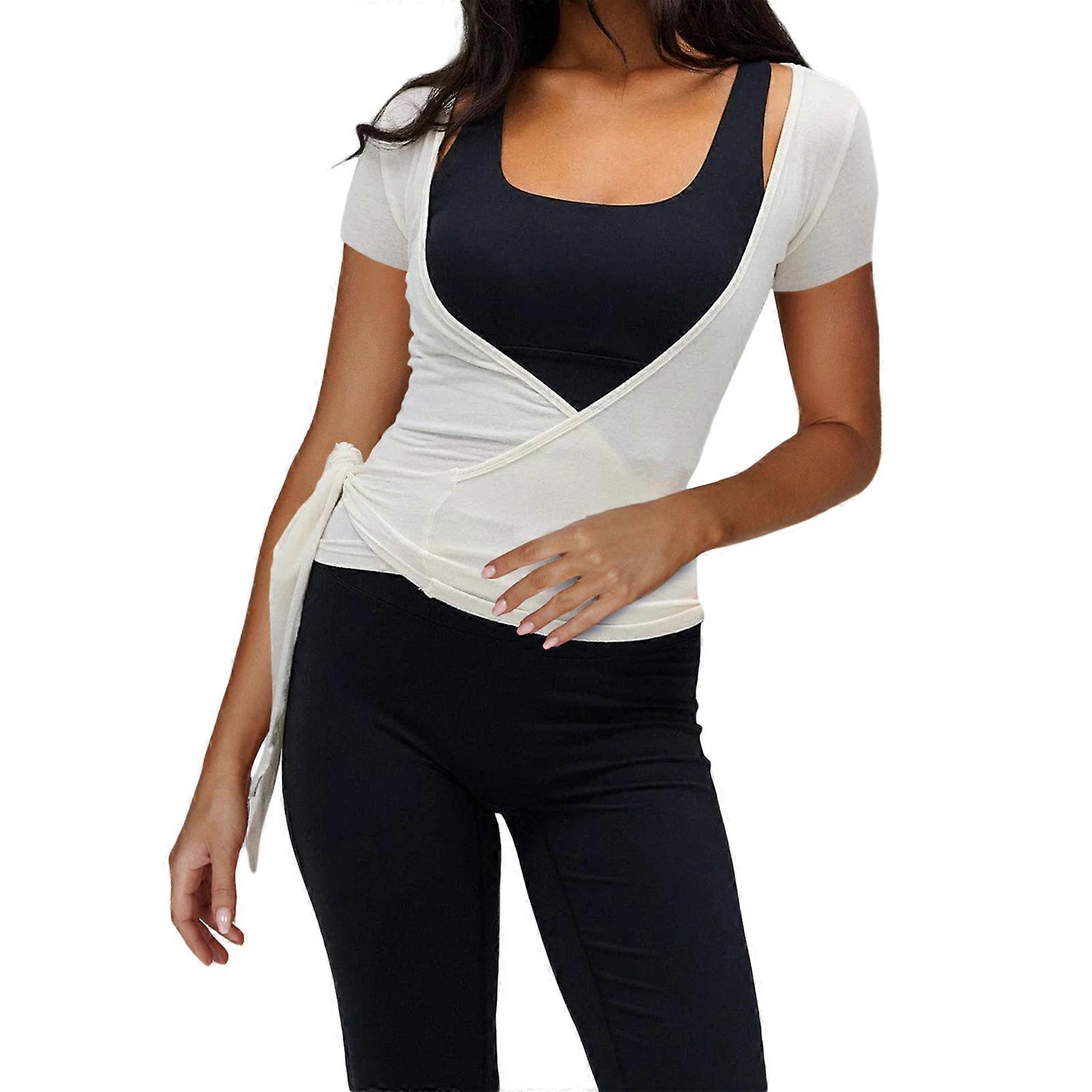 Women's Wrap V Neck Tops Basic Short Sleeve Solid Color Tie Side T-Shirts Workout Blouses