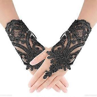 Women's Black Lace Bridal Gloves Fingerless Wedding Gloves Rhinestone Party Dress Accessories