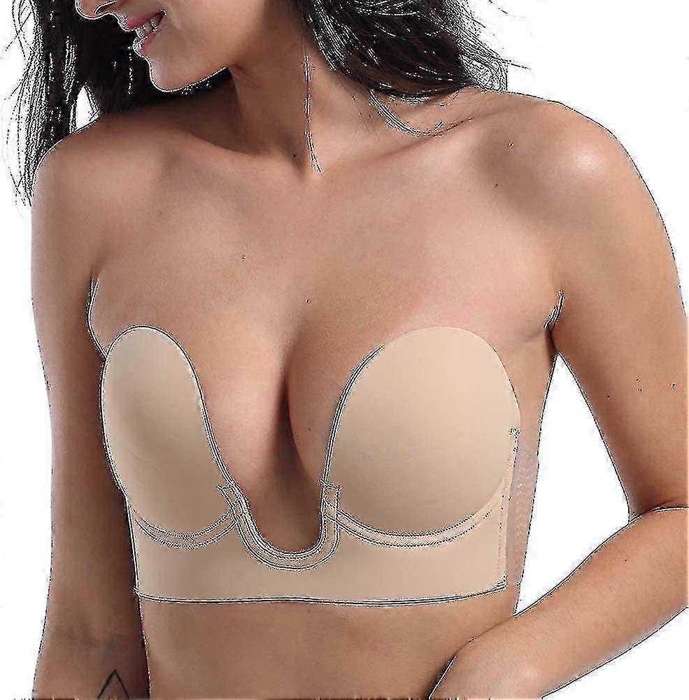 Strapless Sticky Push-up Plunge Bra - Plus Size Backless Adhesive Bra A-e Cup