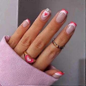 French Tip Press On Nails Pink Love Design Short Square Fake Nails Kit for Valentine's Day 24pcs-ad