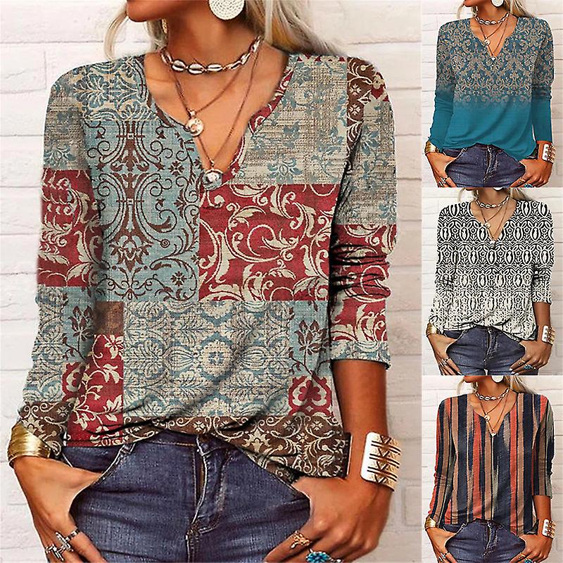 Donna Henley Camicia Stampa Manica Lunga Home Casual Basic Scollo a V Regular