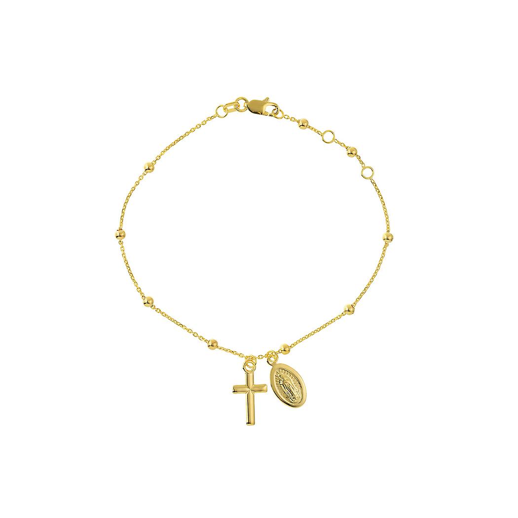 Pulseira de ouro amarelo 14k com pingente da Virgem Maria e cruz religiosa, ajustável, com elos de 18,4 cm (7,25 polegadas).
