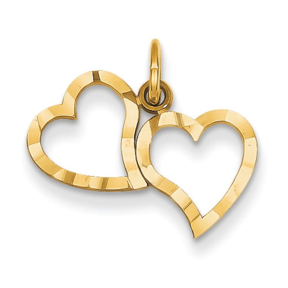 14k Yellow Gold Solid Satin Double Love Heart Charm 18.7x17.5mm Pendant Necklace for Women
