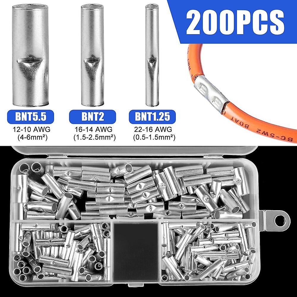 200Pcs Copper Bare Wire Splice Terminals Ferrule Butt Crimp Connectors 22-1