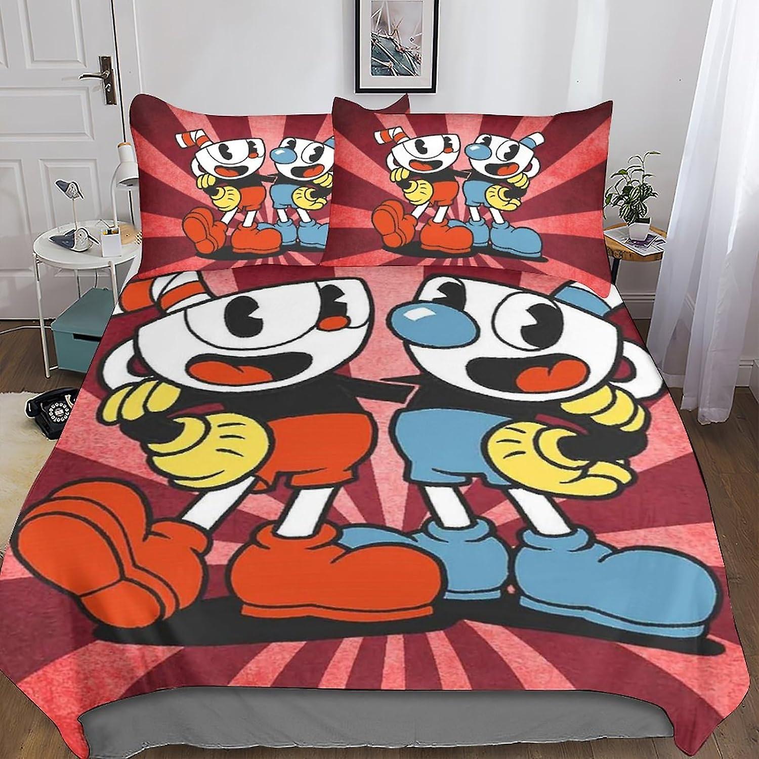 طقم لحاف Cuphead الفراش ، 3 قطع مجموعة غطاء لحاف العناية السهلة ، ألعاب أنيمي غطاء لحاف أكياس وسادة مع سحاب إغلاق ستوكات ناعمة