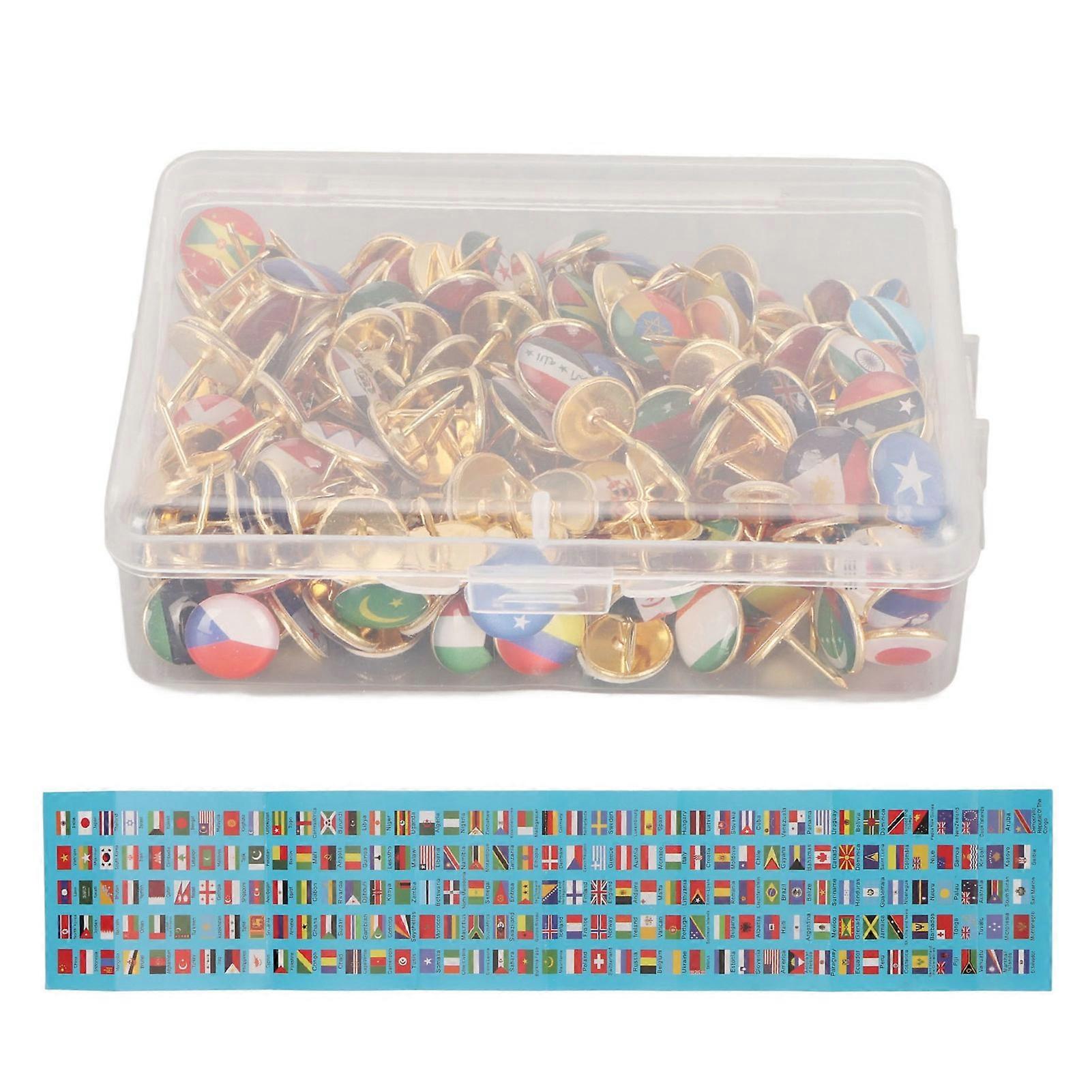 200Pcs National Flag Thumb Tacks Clear Pattern Stainless Steel Box Packed Country Flag Push Pins for Office Decoration