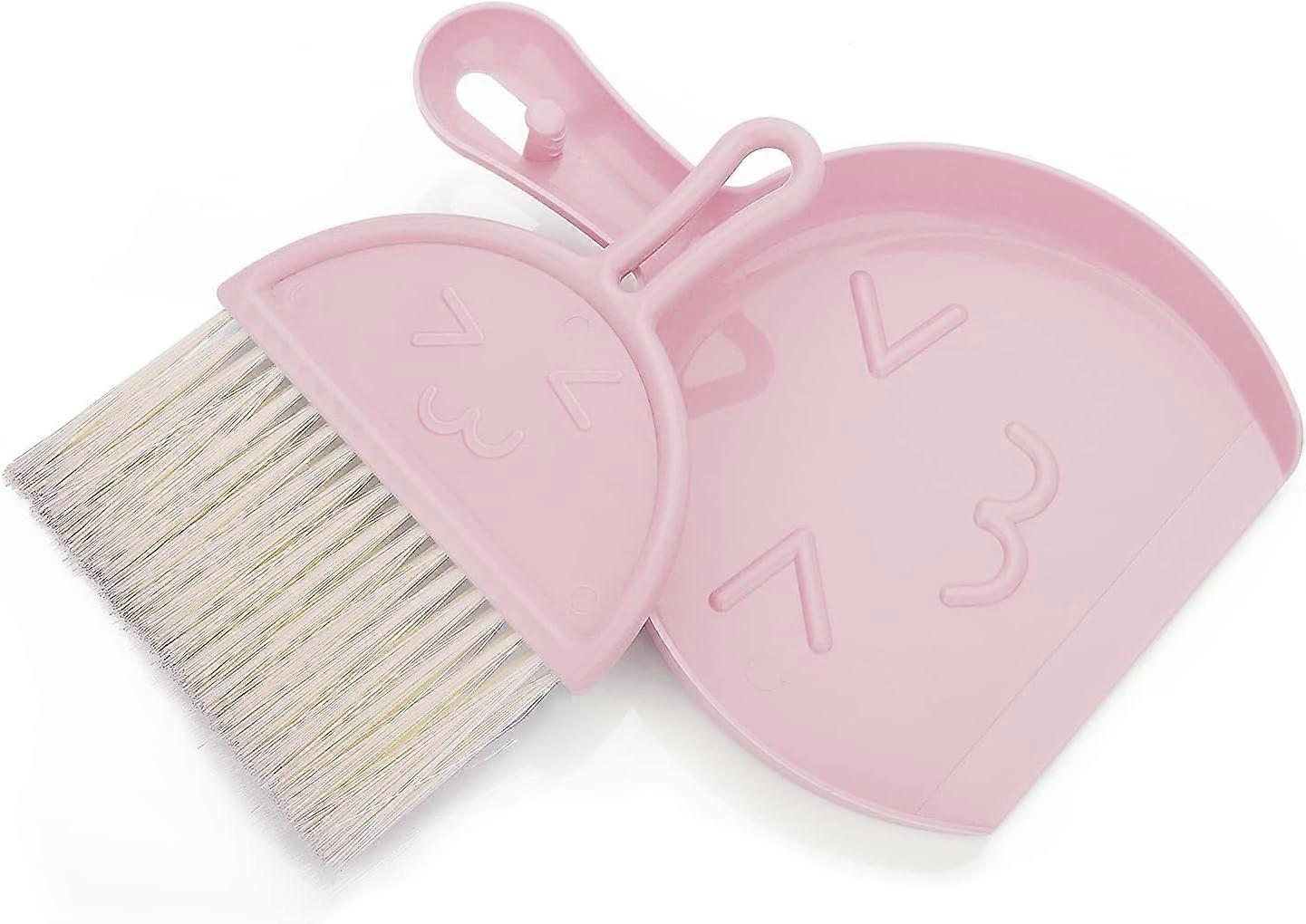 Mini Dustpan and Brush, Small Broom and Dustpan Set Portable Table Brush with Soft Bristle Broom and Dustpan for Office Desk (Pink)