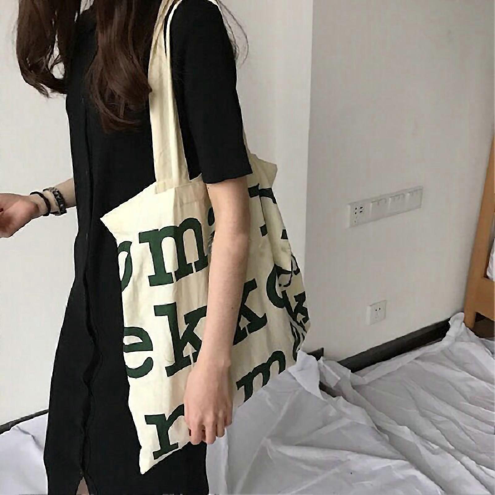 Canvas Handbag Single Shoulder Stylish Pattern Portable Carrying Bag For Home Office Green Letter