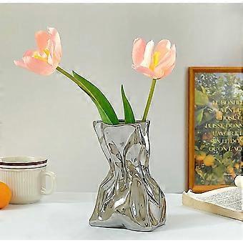 Crinkle Grab Paper Bag Shape Ceramic Vase Silver Chrome Flower Vase Small Bud Vase for Decor Minimal
