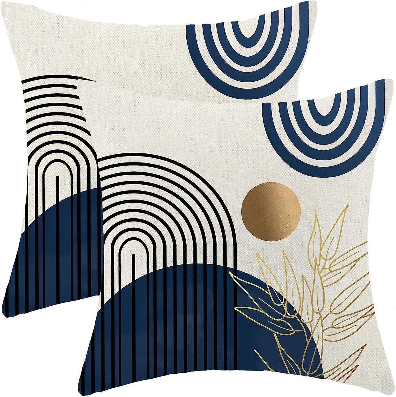 Boho Pillow Covers 18x18 Set of 2, Blue Gold Farmhouse Decorations Throw Pillow Covers Boho Leaves Tropical Outdoor Decorative Linen Cushion Case for