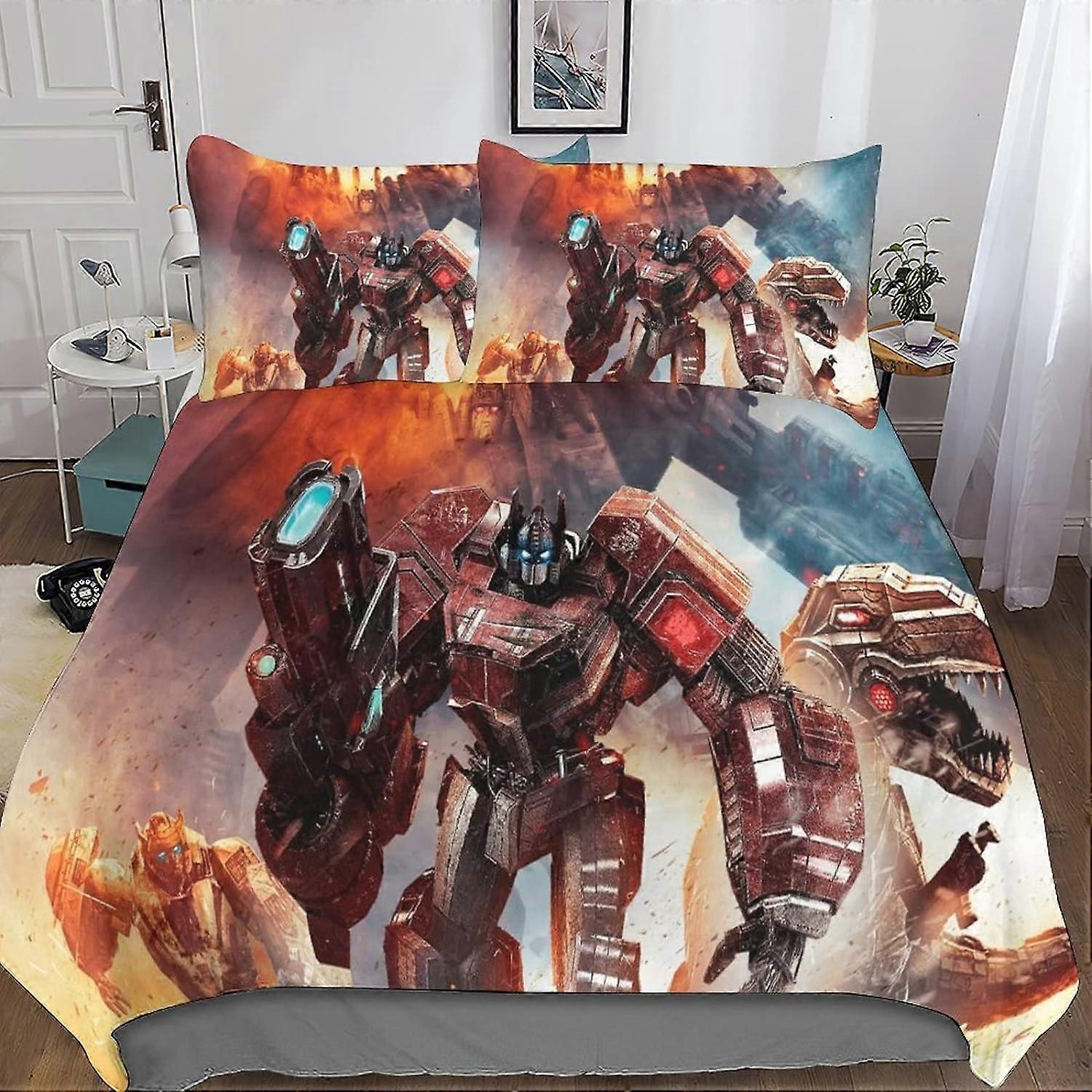 Transformer 3D Print Microfiber Bedding Set, with Movie Duvet Cover and Pillowcases, Suitable for Boys and Girls with Zipper Closure 3 Pcs Double
