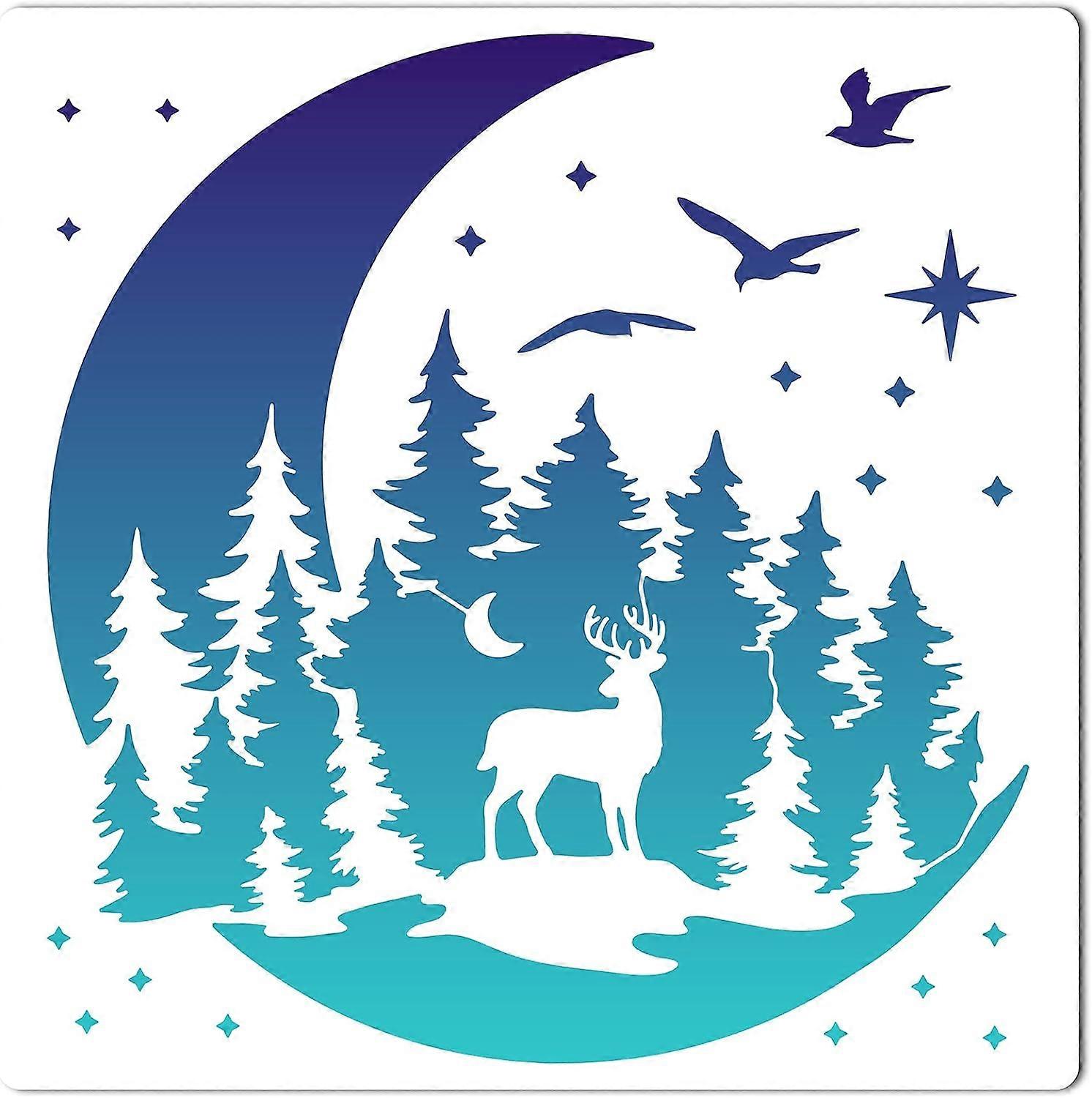 11.8 x 11.8 mas Reusable Hollow Out Elk Stencils Large Christmas Tree Moon Birds Star Forest Art Templates Deer Wood Burning Stencil Template for Pain