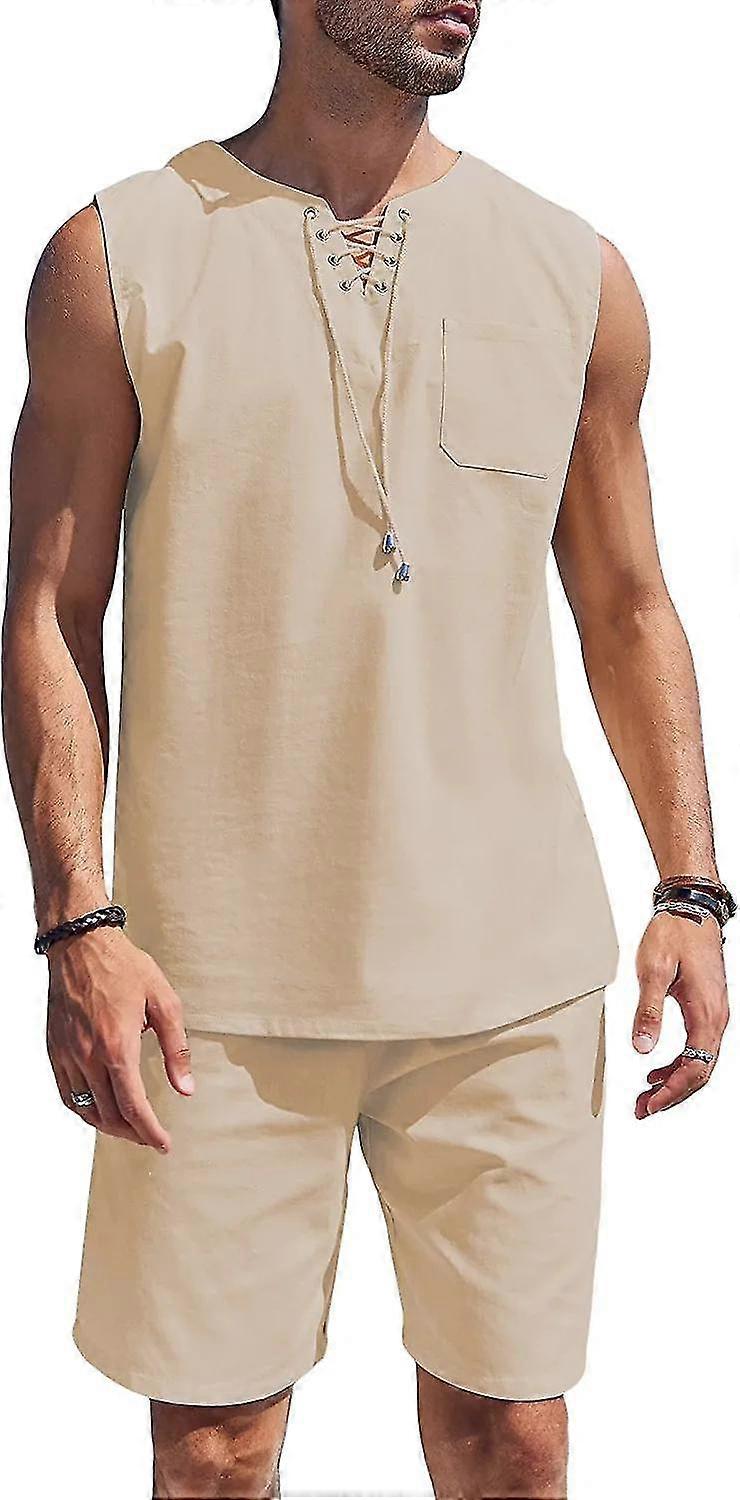 Mens Linen Sets Outfits 2 Piece Beach Drawstring Tank Tops Sleeveless Shirt Matching Shorts Set Hippie Wedding