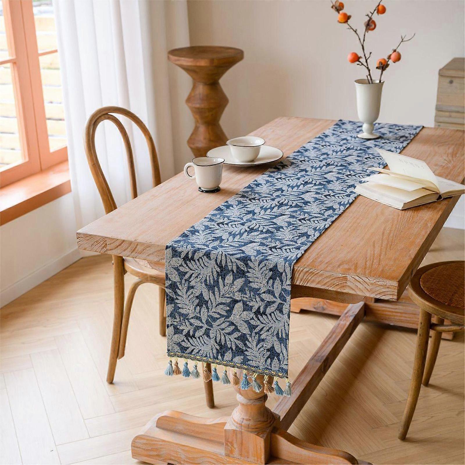 Blue Leaf Table Flag Tassel Tea Flag Dining Flag Long Dining Table Decoration Tablecloth Table Flag
